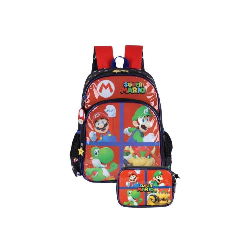 Kit Mochila Costas Super Mario Estojo Box 100 Pens Vermelho
