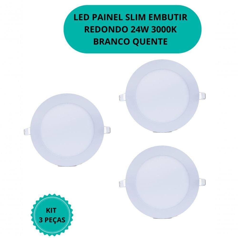 Plafon Led Slim 24w Redondo Embutir 3000k Branco Quente Bivolt - Kit Com 3 Un.