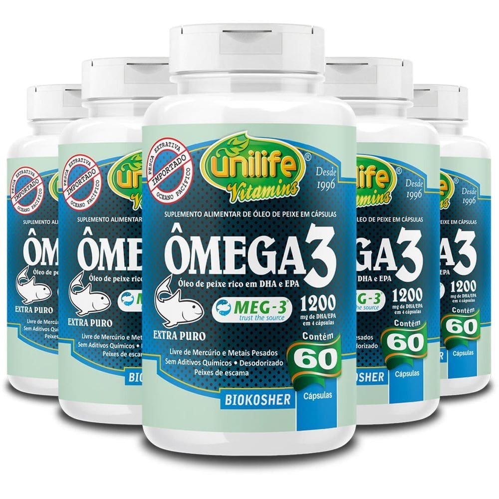 Kit 5 Ômega 3 Óleo De Peixe Unilife 60 Cápsulas 1200Mg