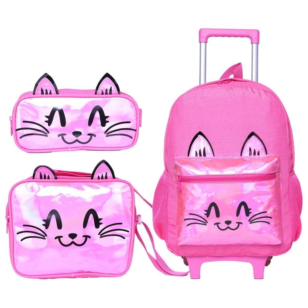 Kit Mochila De Rodinha Menina Estojo Lancheira Gatinho- Rosa