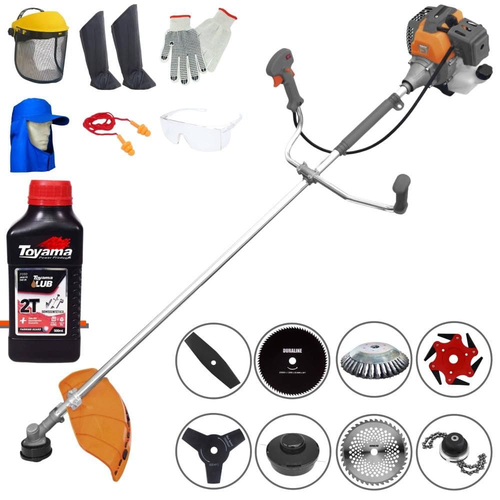 Roçadeira Tekna RL430-P 1,7HP 43cc + Facas 2 Pontas, 3 Pontas, 6 Pontas, 40 Dentes, 80 Dentes, Trimmer, Carretel e Escova + EPI + ÓLEO TOYAMA 2T