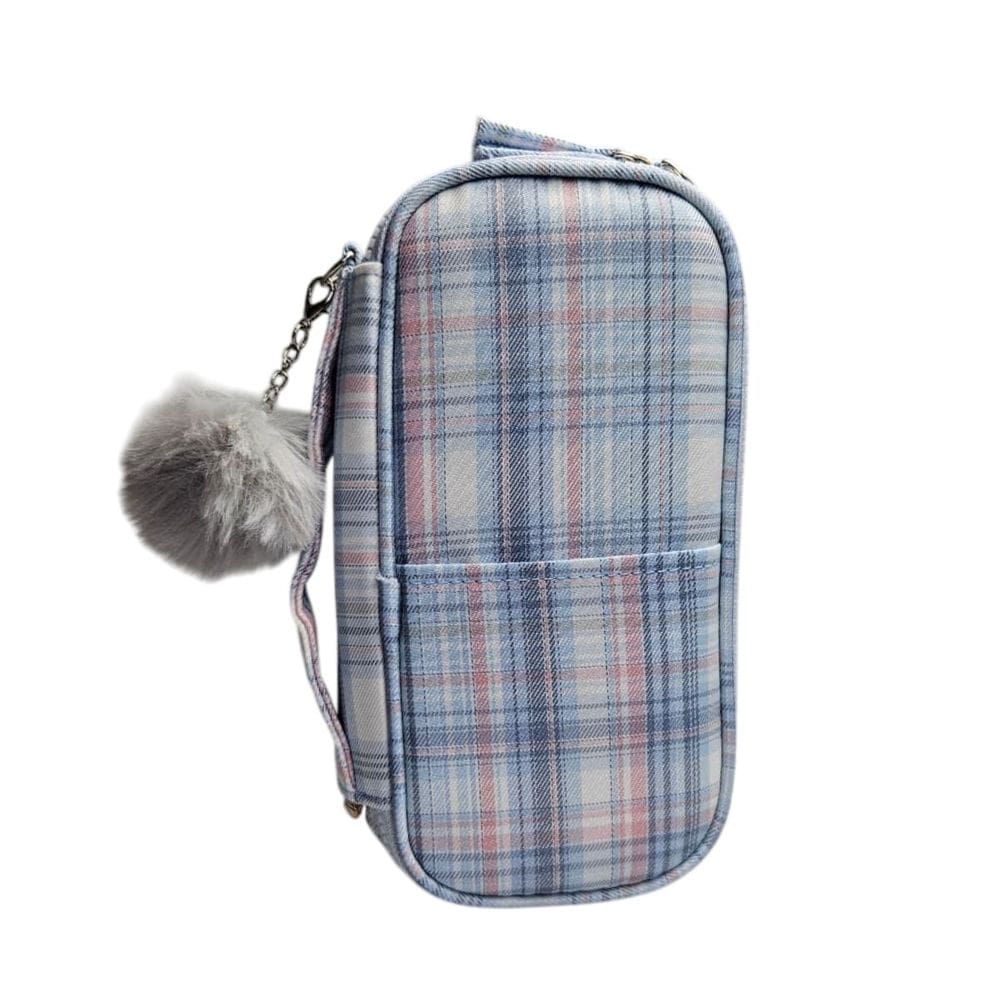 Estojo Box Grande Escolar Xadrez Azul Pompom Organizador Fofo Volta as Aulas Resistente Juvenil Leve