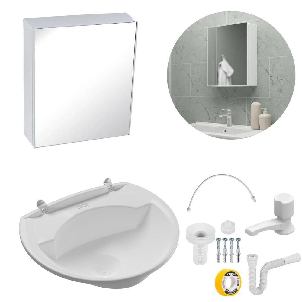 Armário + Pia 4L Branca + Torneira + Sifão + Engate