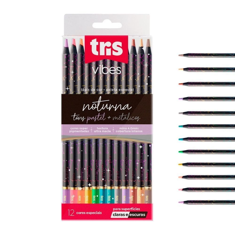 Lápis De Cor Tris 12 Cores Noturna Tons Pastel E Metálicos
