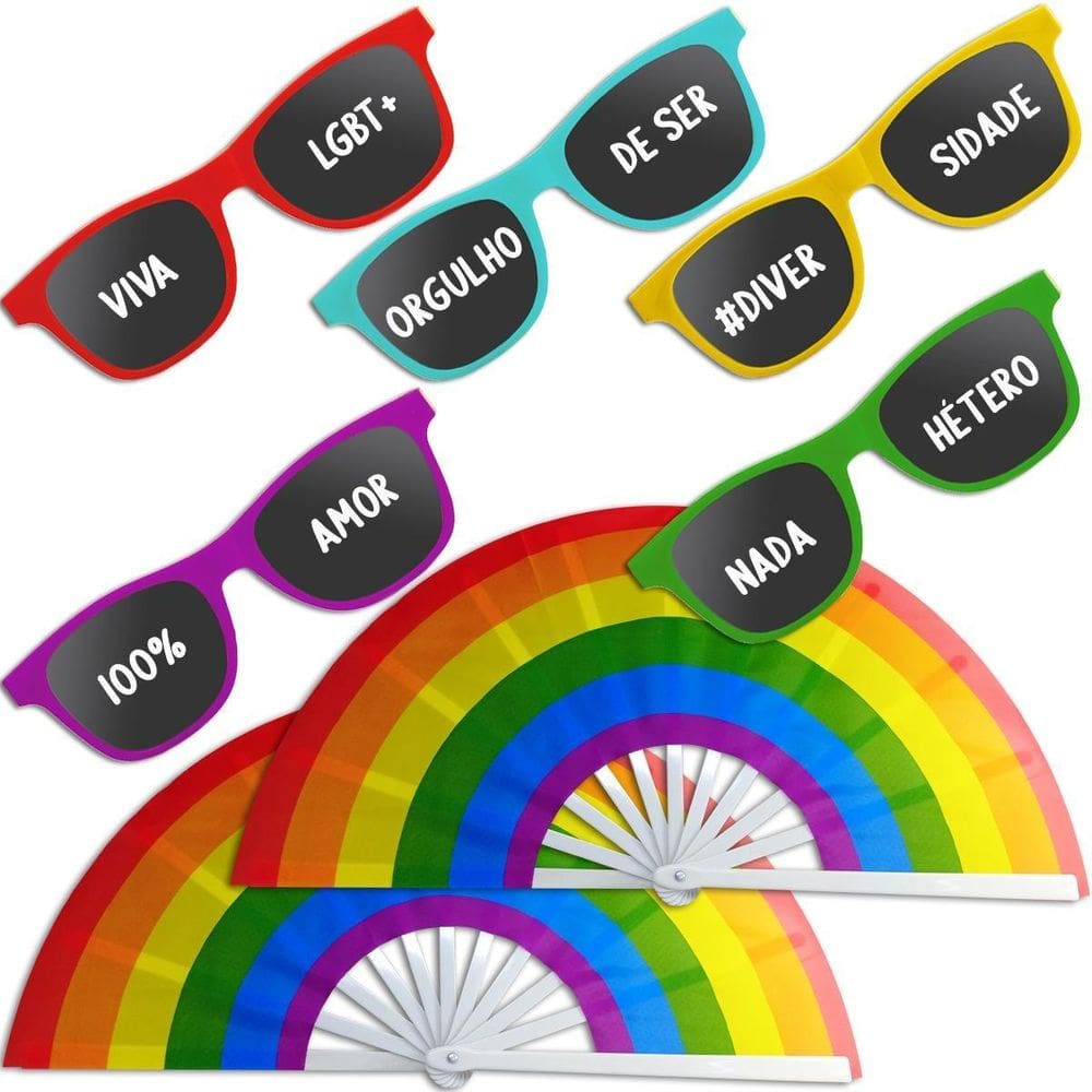 Kit 2 Leques Com 5 Óculos Lgbtq+ Para Festa Carnaval Eventos