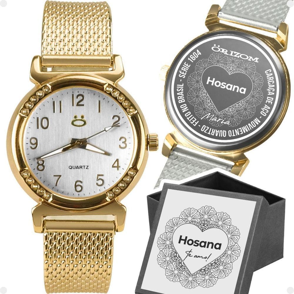 Relogio Feminino Aço Inox Dourado Silicone Banhado + Caixa