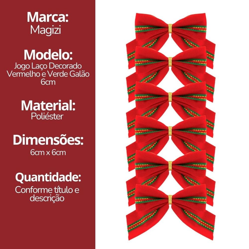Jogo Mini Laços Natalinos Veludo Vermelho e Verde com Dourado 6 Unidades