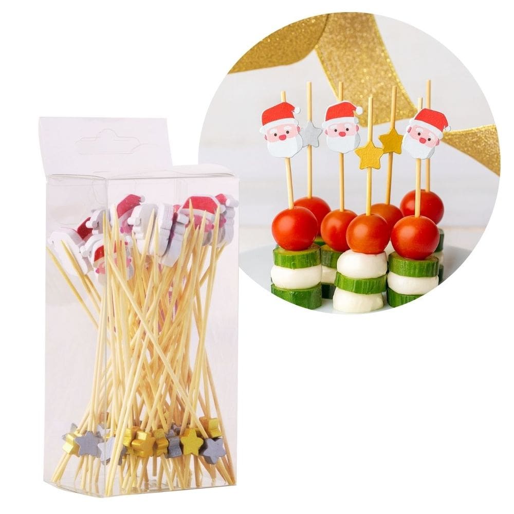 Kit Palitos de Aperitivo Natal Papai Noel e Estrelas 12cm 50 Unidades em Bambu Prime