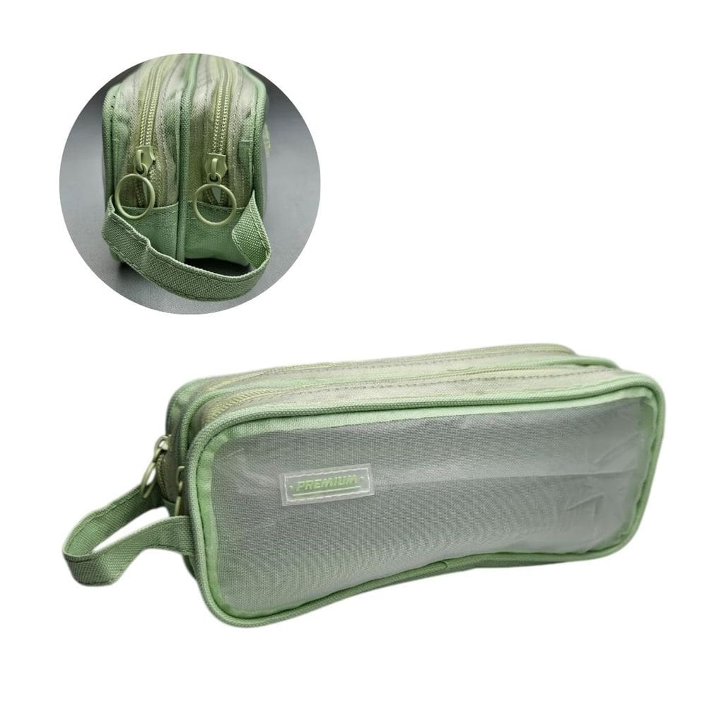 Estojo Premium Verde Transparente Duplo Escolar e Maquiagem