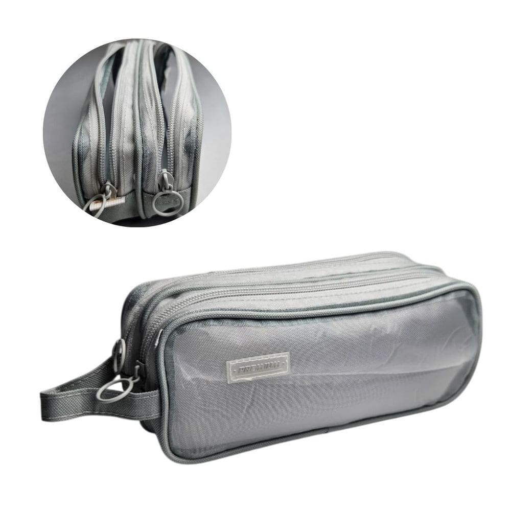Estojo Premium Cinza Transparente Duplo Escolar e Maquiagem