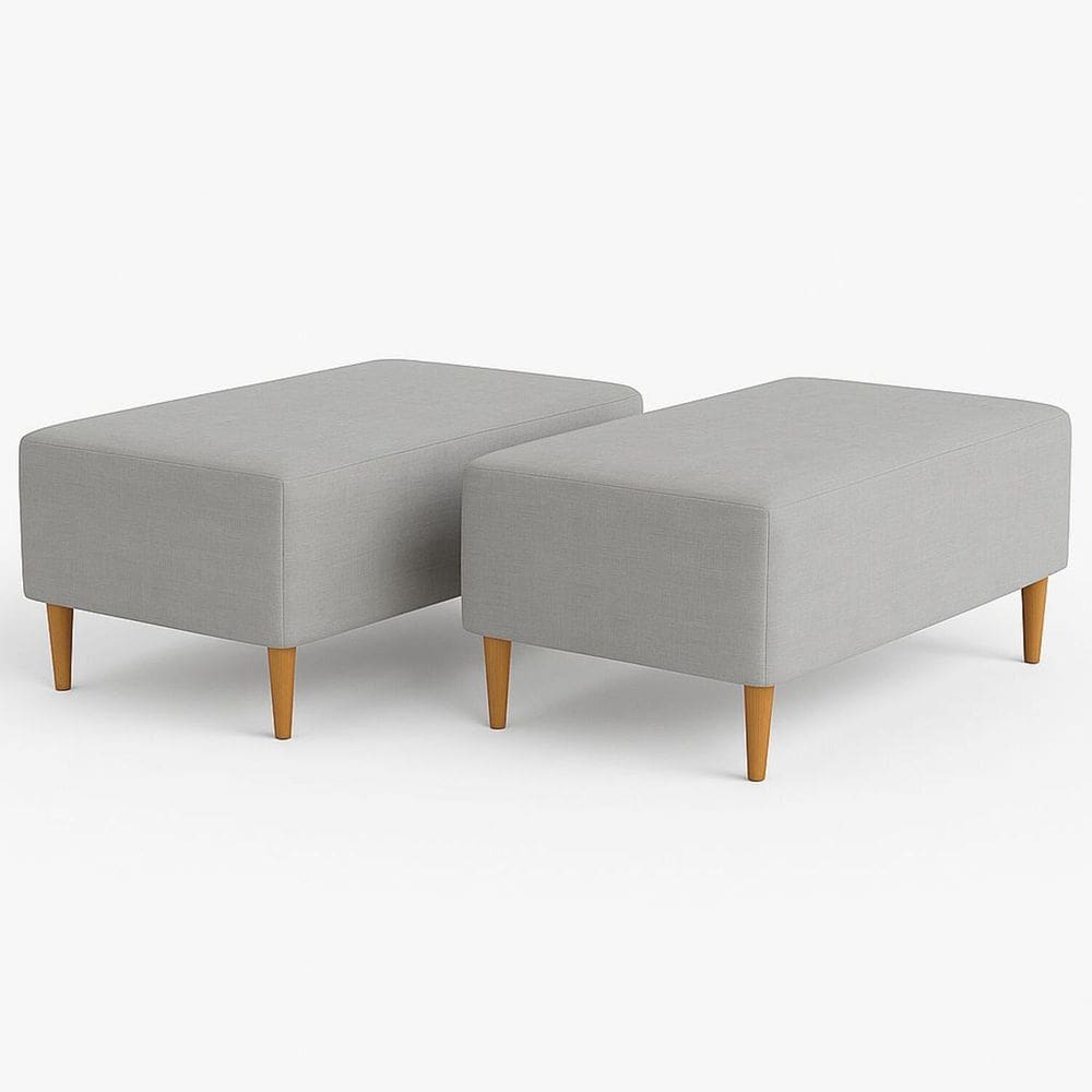 Kit 2 Puffs Bela Manu Madri Pés Palito E Tecido Linho Cinza