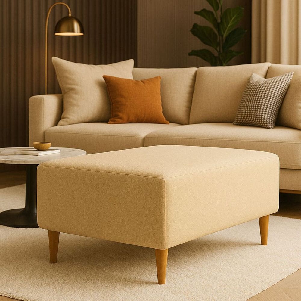 Puff Bela Manu Decor Madri Pés Palito Em Linho Bege Escuro