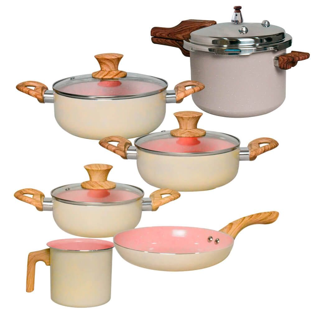 Jogo de Panelas e Panela de Pressão Antiaderente de Indução Revestimento Cerâmica Verona Bege 6 Peças - Rio Home