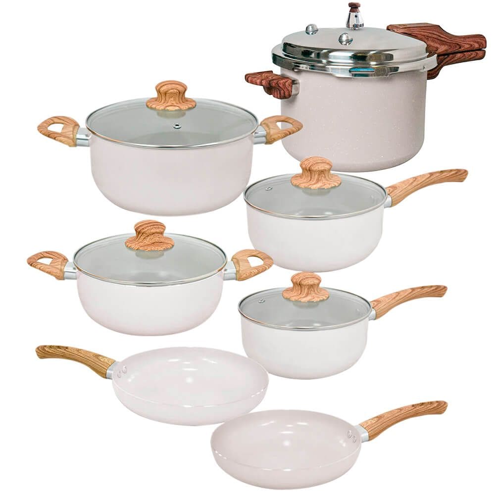 Jogo de Panelas e Panela de Pressão de Indução Antiaderente Cerâmica Bege Cairo 7 peças - Hauskraft Premium e Vista Home