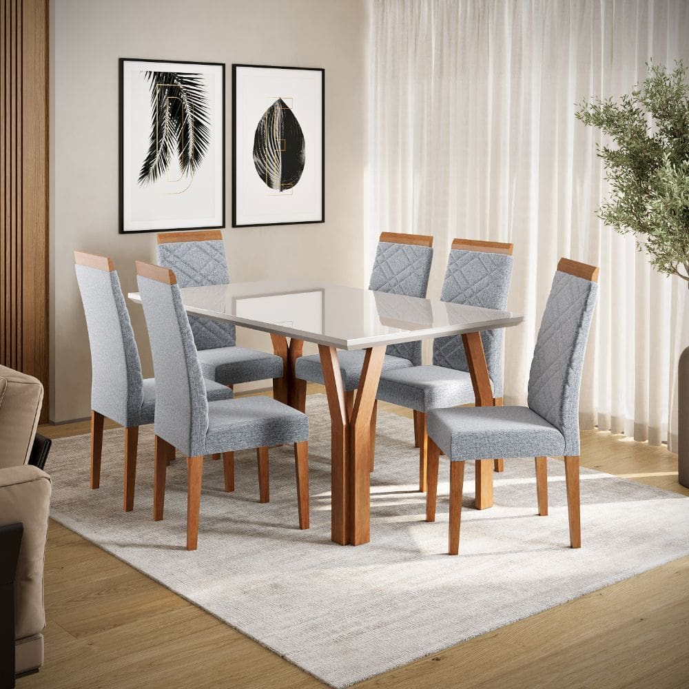Conjunto Sala de Jantar Mesa 154cm Atlas Tampo com Vidro com 6 Cadeiras Atlas Madetal