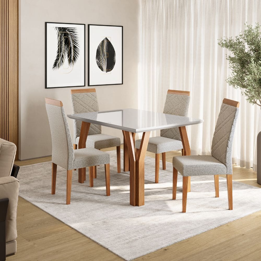 Conjunto Sala de Jantar Mesa Atlas 120cm Tampo Vidro com 4 Cadeiras Atlas Madetal