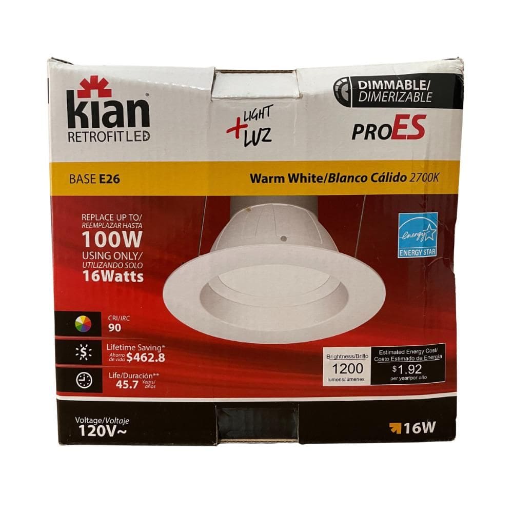 Luminária LED Kian Retrofit PRO ES 16W 1200lm 2700K Branco Quente Base E26 Dimerizável 120V