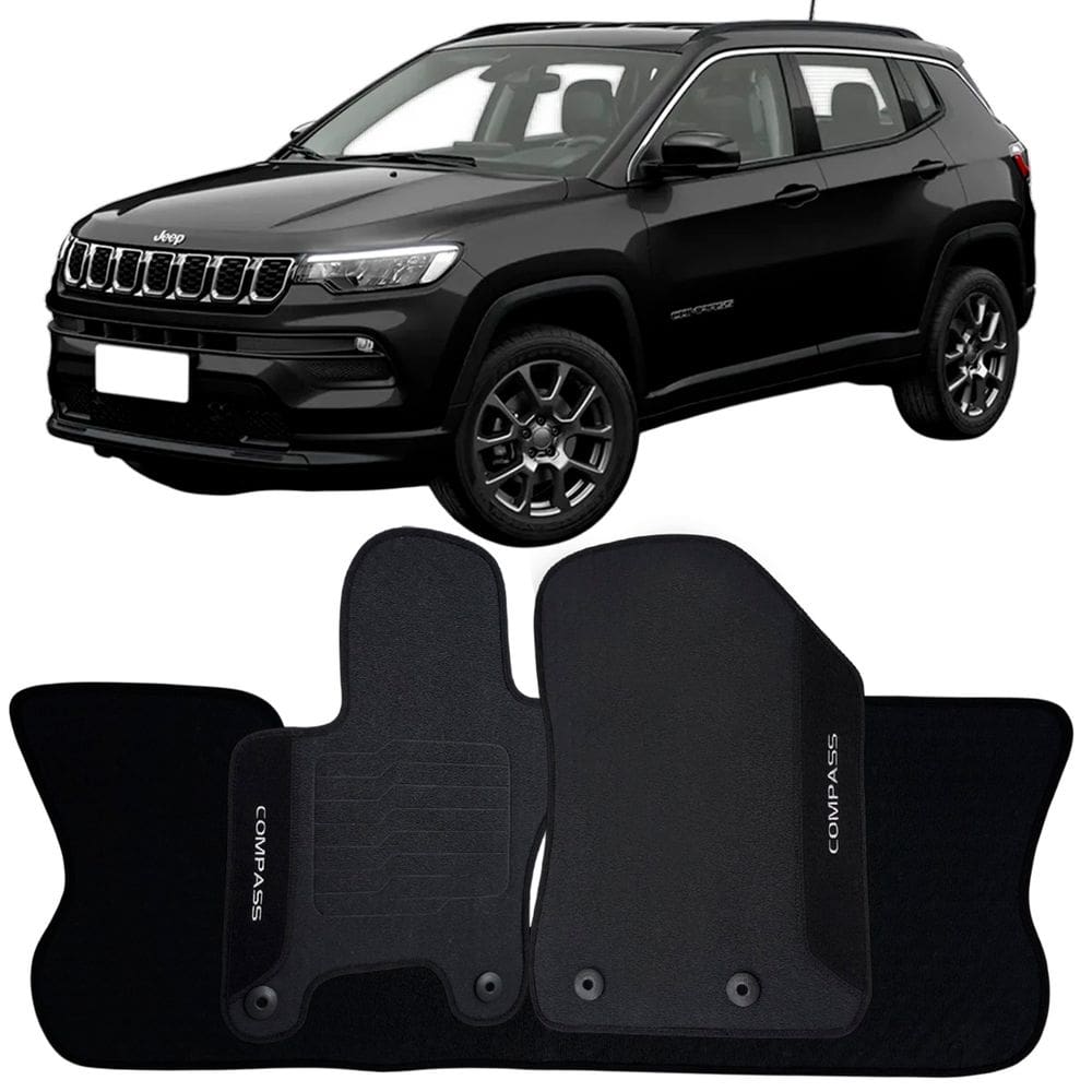 Tapete Borracha Compass 2016 à 2025 Preto Pvc Logo Bordado Jogo 3 Peças Personalizado Automotivo