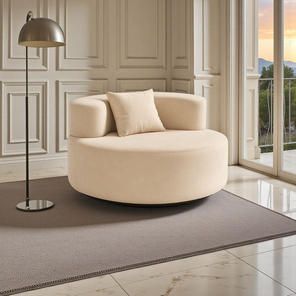 Poltrona Pávia Redonda Bouclé Luxo Tecnologia Pluff Prensada Design Sofisticado