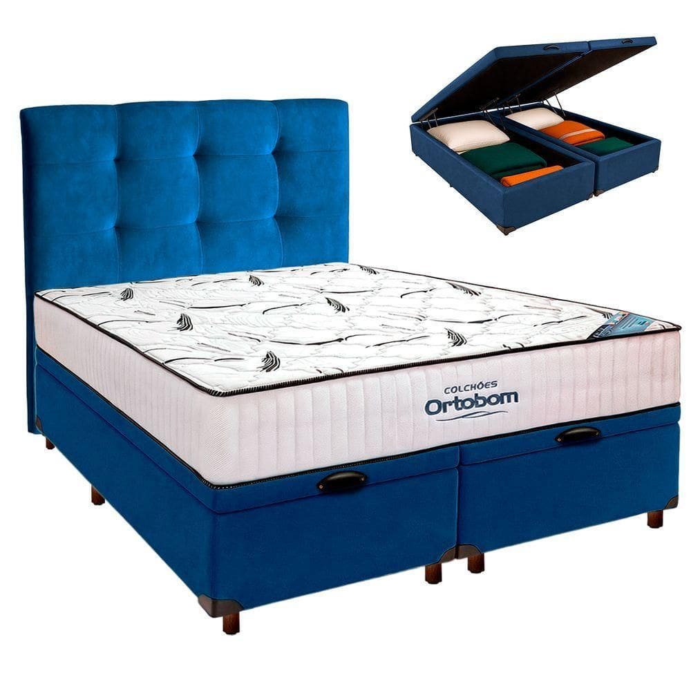 Baú Blindado Azul Com Colchão Queen High Foam Ortobom + Cabeceira