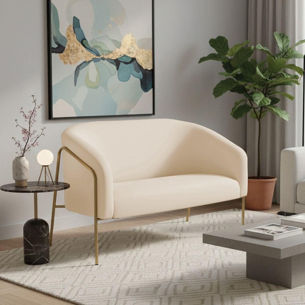 Sofá 2 Lugares Namoradeira Stella Base Industrial Alta Dourada Veludo D03 - D`rossi Cor Bege