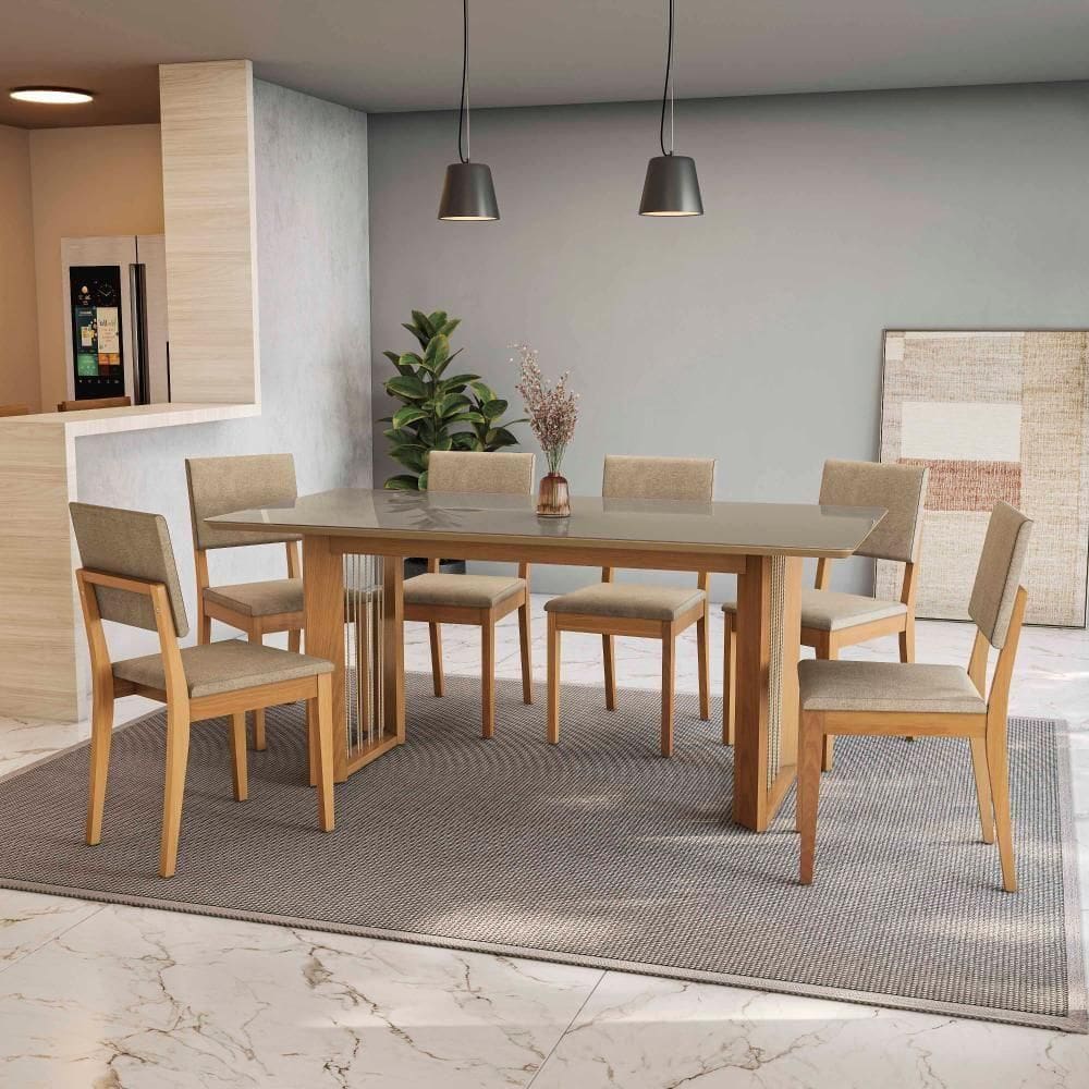 Conjunto Sala De Jantar Dora Em Madeira Maciça 6 Cadeiras Linho Fendi