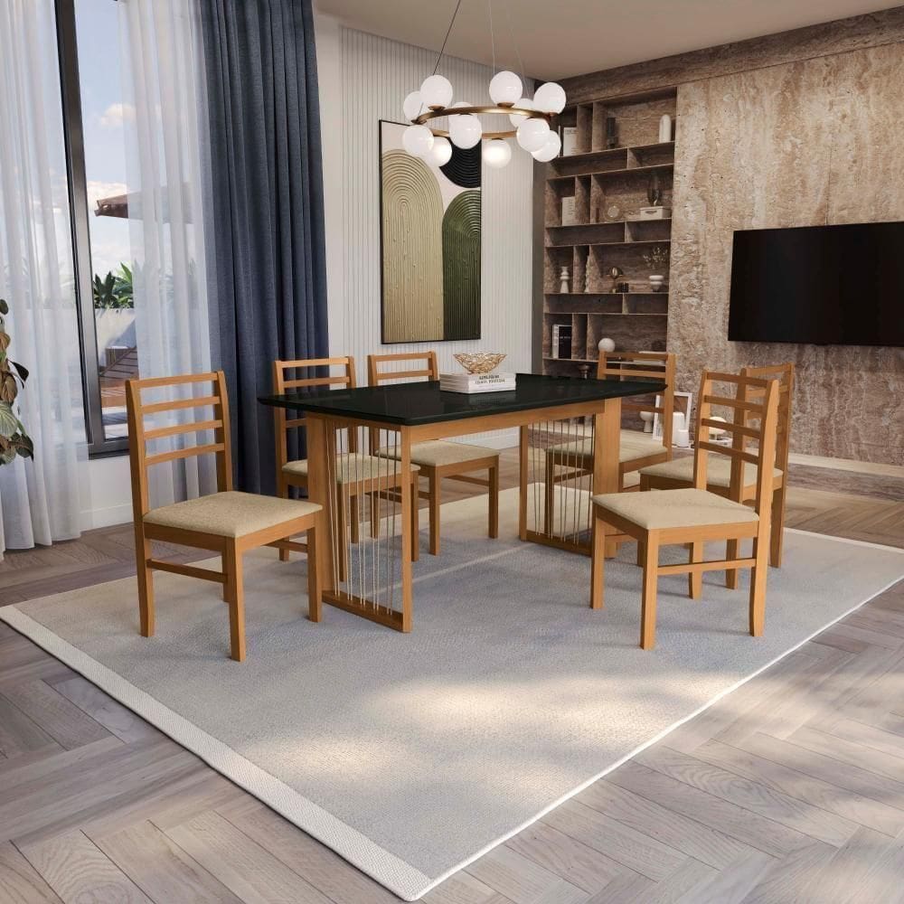 Conjunto Sala De Jantar Elisa Em Madeira Maciça 6 Cadeiras Boucle Bege