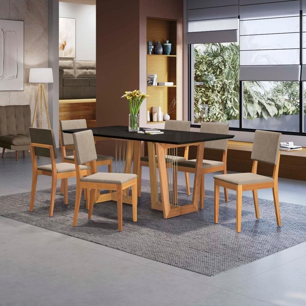 Conjunto Sala De Jantar Dora Em Madeira Maciça 6 Cadeiras Linho Fendi