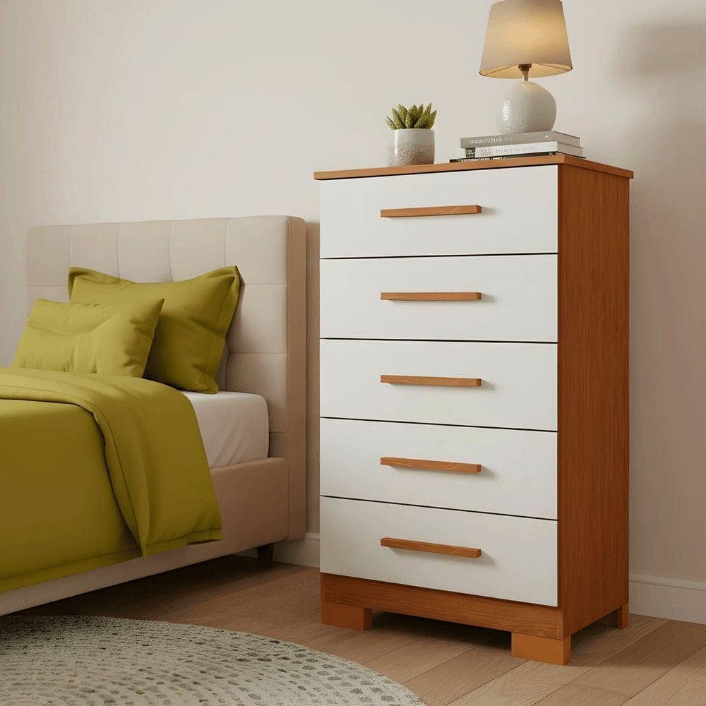 Cômoda 5 Gavetas Carol Com Pés Freijó/off White Batrol Freijo Com Off White