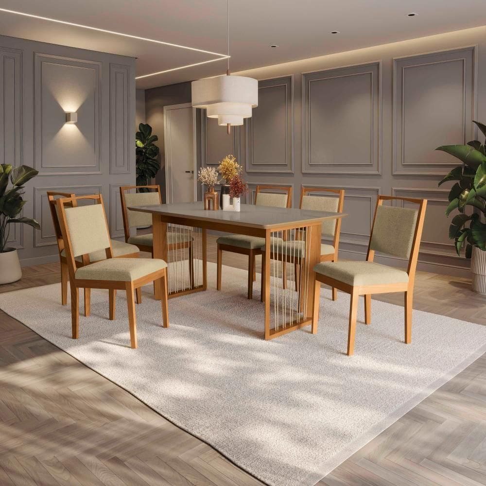 Conjunto Sala De Jantar Lina Em Madeira Maciça 6 Cadeiras Boucle Bege