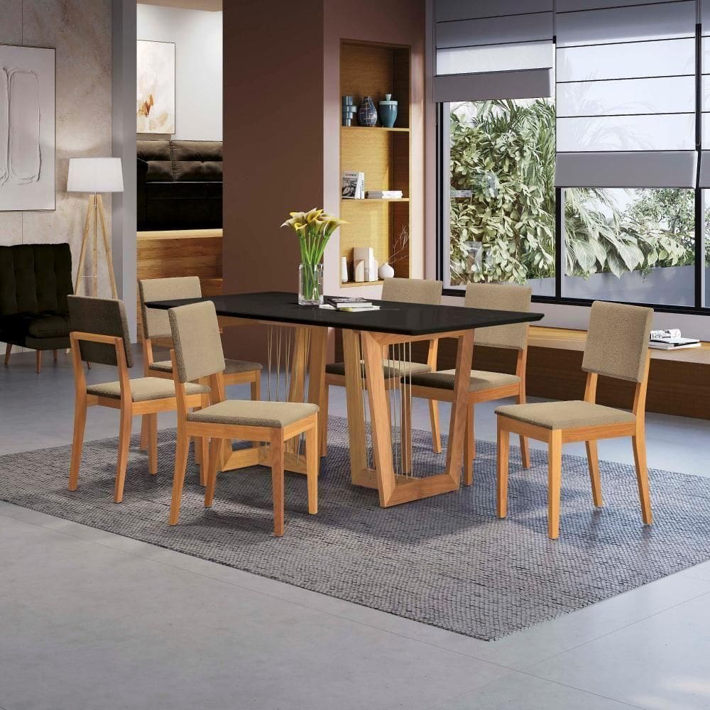 Conjunto Sala De Jantar Dora Em Madeira Maciça 6 Cadeiras Boucle Bege