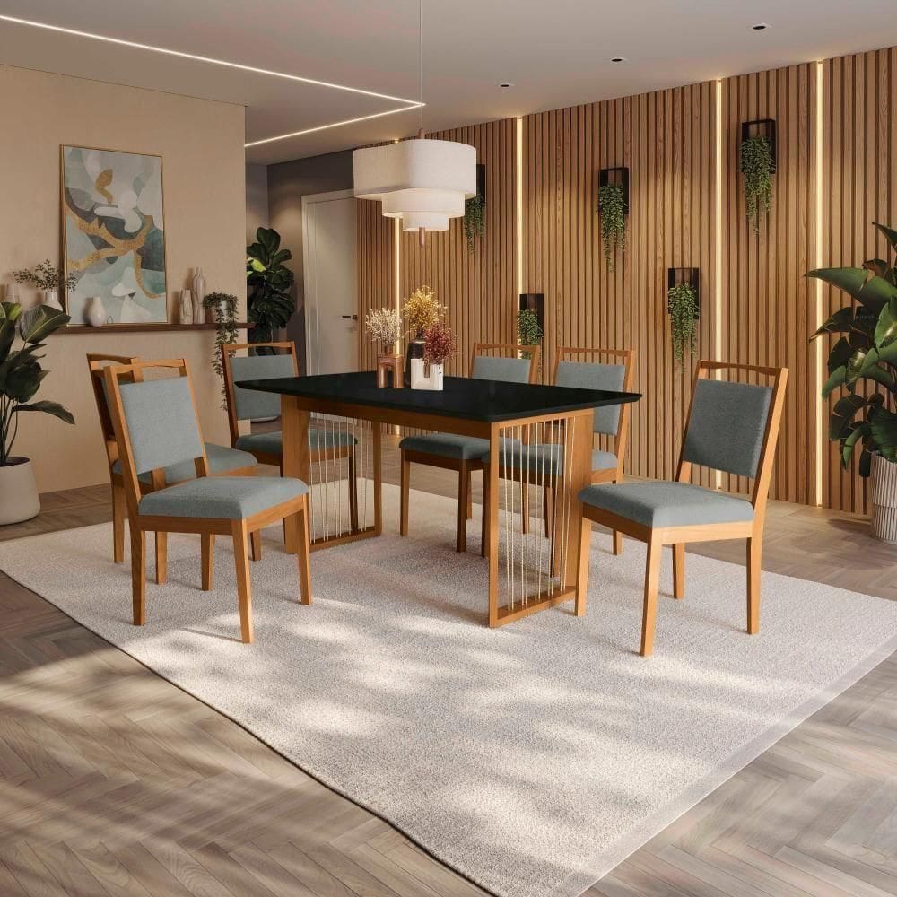 Conjunto Sala De Jantar Lina Em Madeira Maciça 6 Cadeiras Boucle Cinza