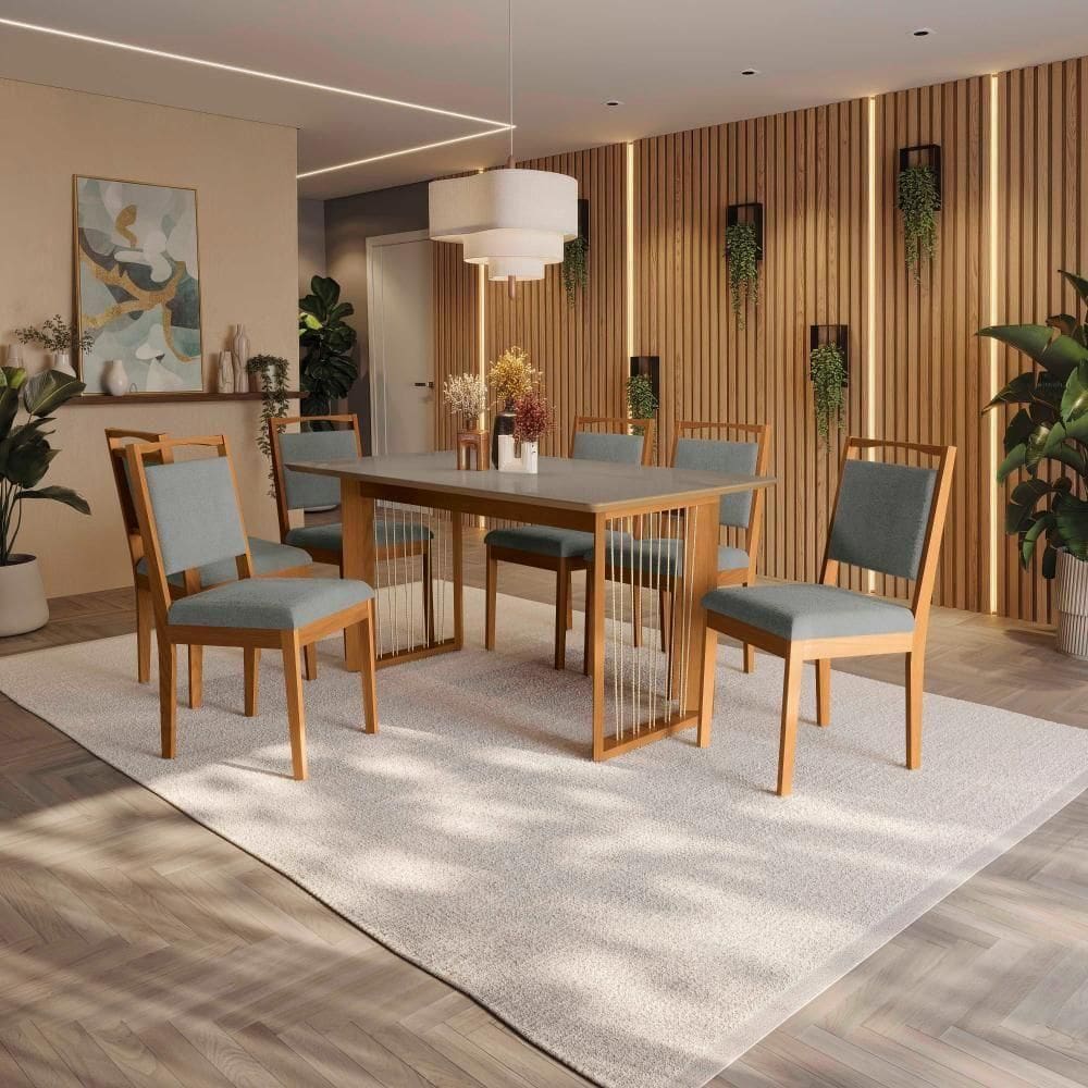 Conjunto Sala De Jantar Lina Em Madeira Maciça 6 Cadeiras Boucle Cinza