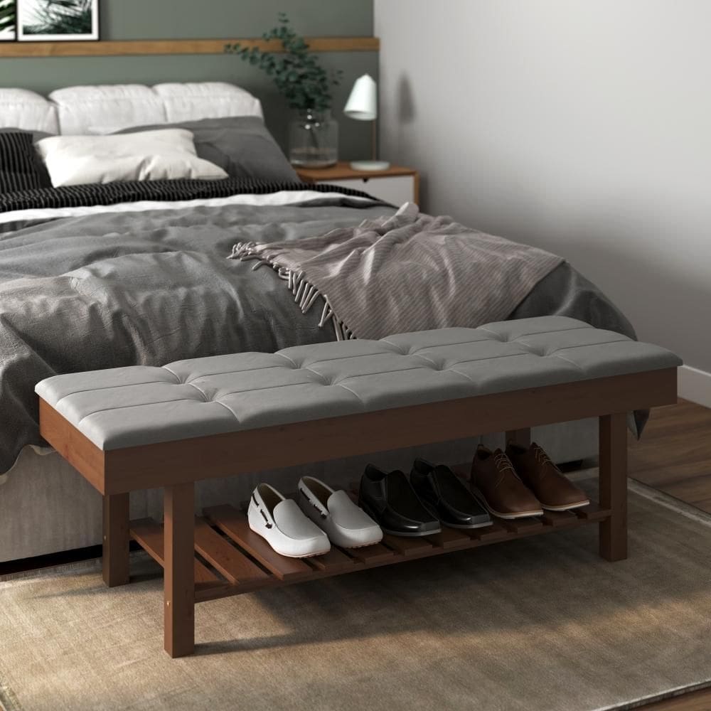 Banco Em Madeira Almofadado Com Sapateira Cinza Pena