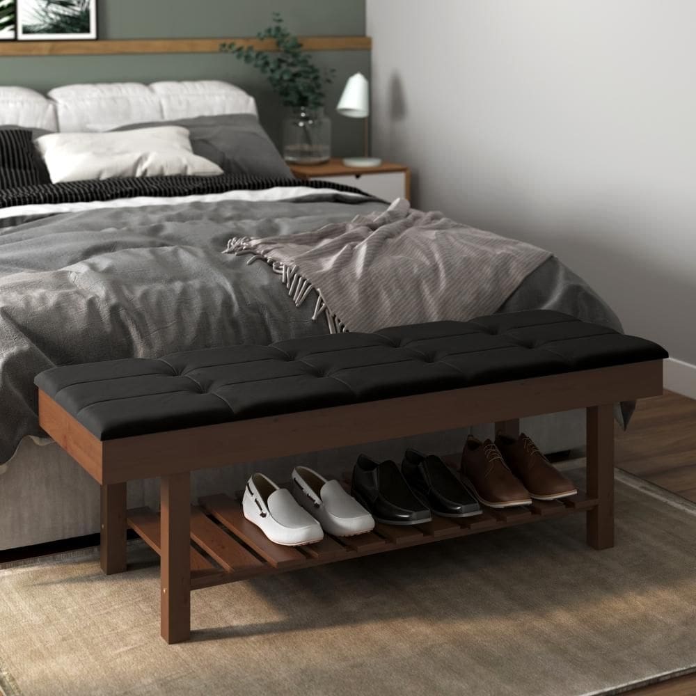 Banco Em Madeira Almofadado Com Sapateira Preto