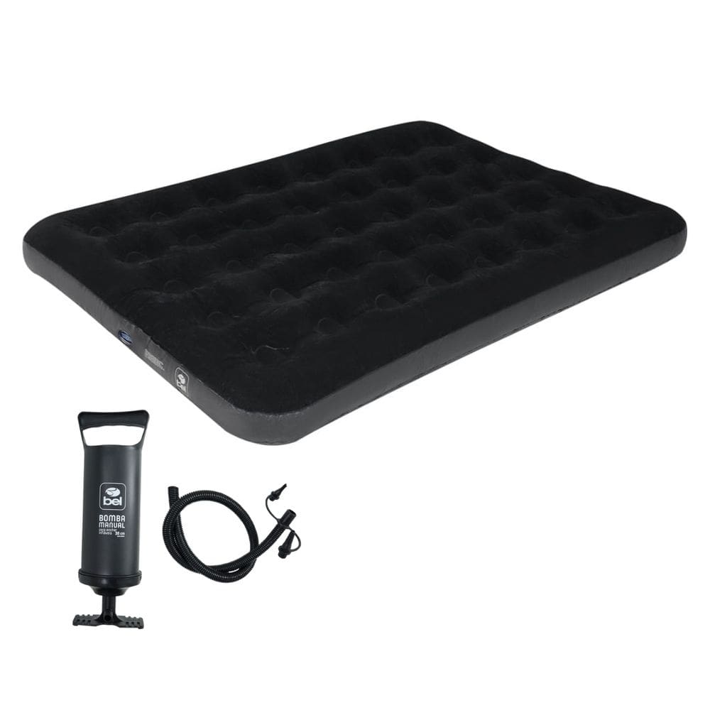 Colchão Inflável Casal Deluxe Comfort Bel Preto e Bomba de Ar Manual Portátil Casa Viagem Camping 191x137x22 cm 300kg