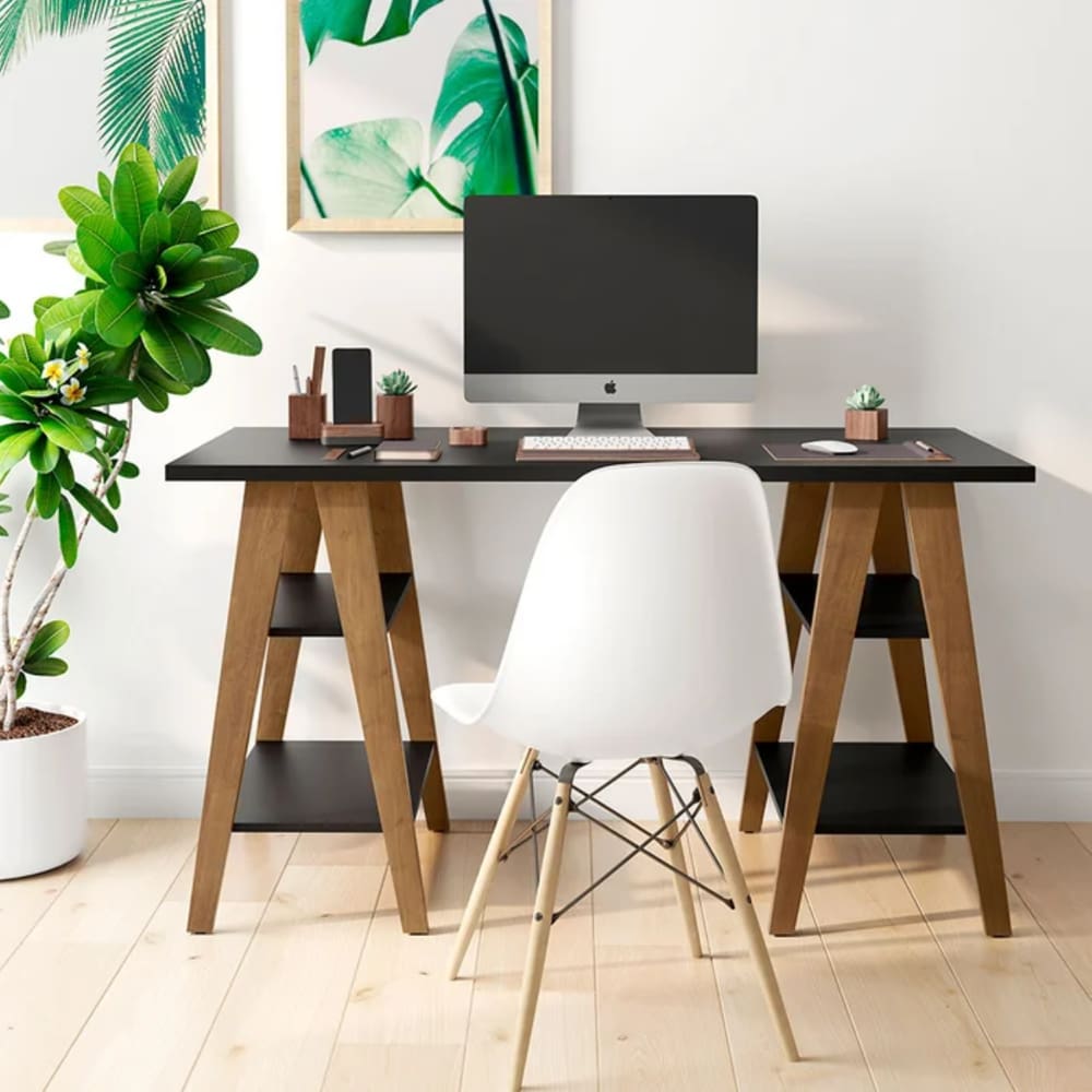 Mesa Escrivaninha Cavalete Tampo 30mm 4 Prateleiras Preto