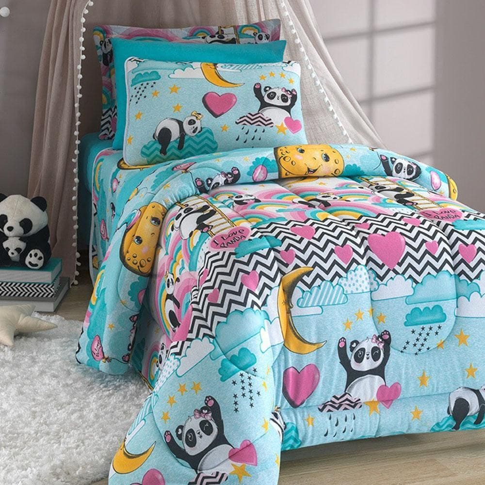 Edredom Mymo Solteiro Dupla Face Malha Panda - 100% Algodão