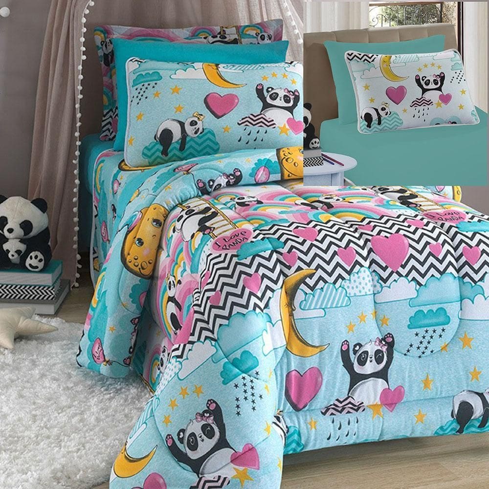 Kit Coordenado Edredom Lençol Solteiro Mymo Panda 100%