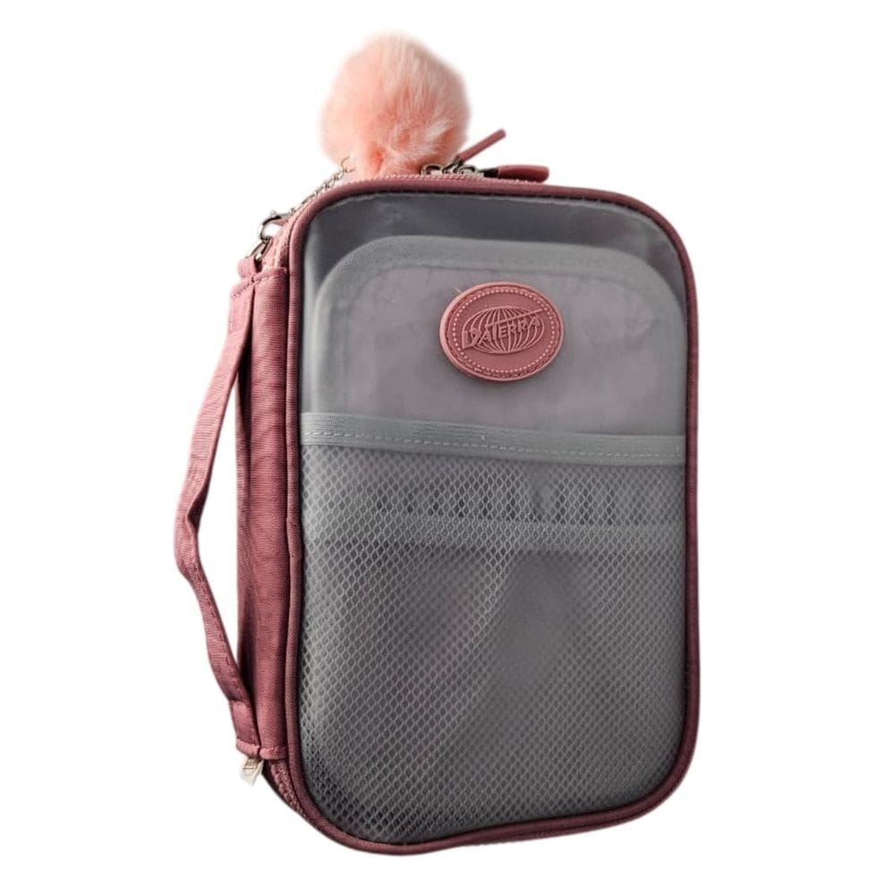 Estojo Escolar Box Grande Rosa Escuro Transparente Pompom Organizador Colorido Divisória Lápis Aula