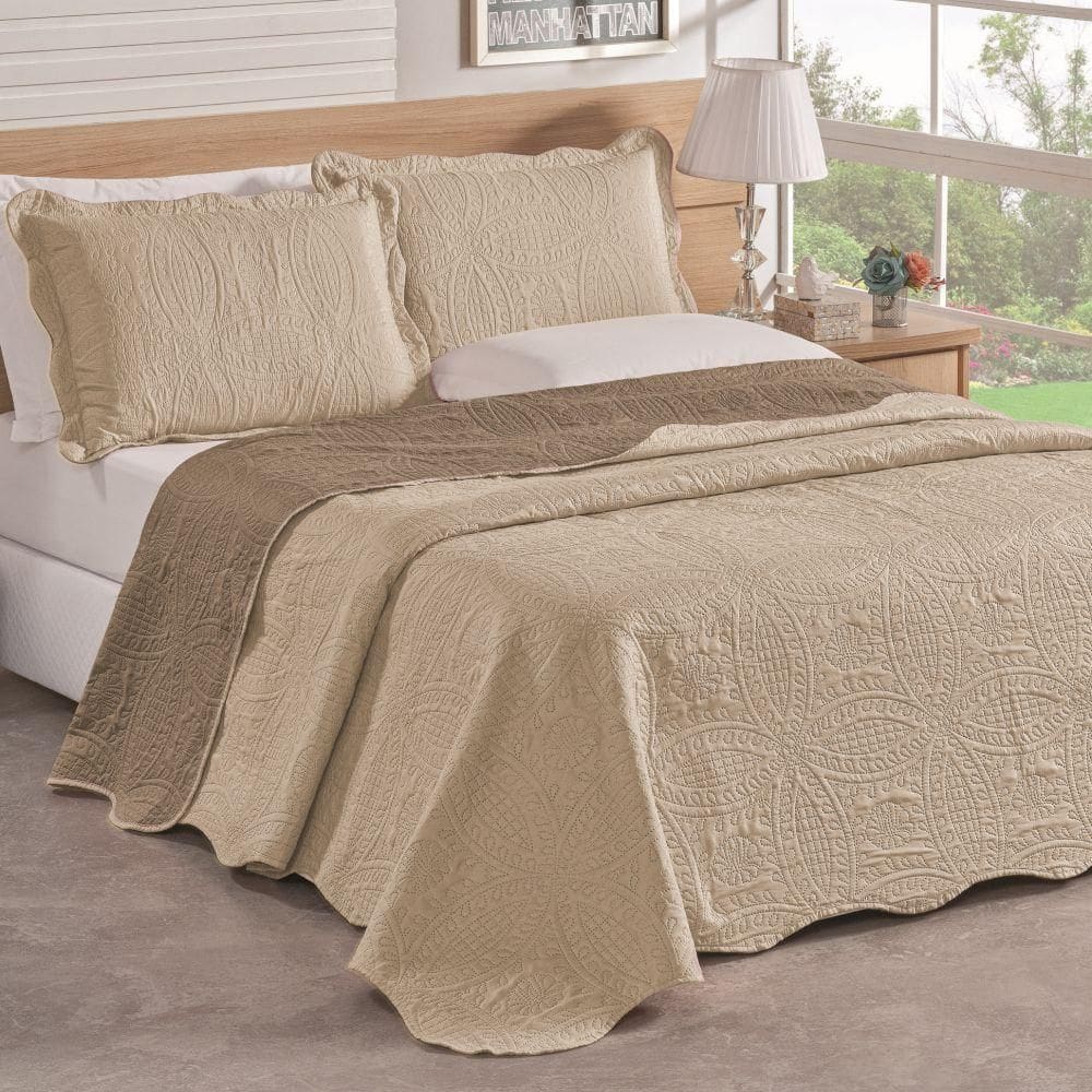 Colcha Casal Padrão Bella Dupla Face 03 Peças - Avelã