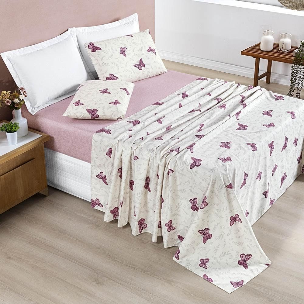 Jogo Lençol Celi Queen Micropercal 200 Fios Borboletas Rosê