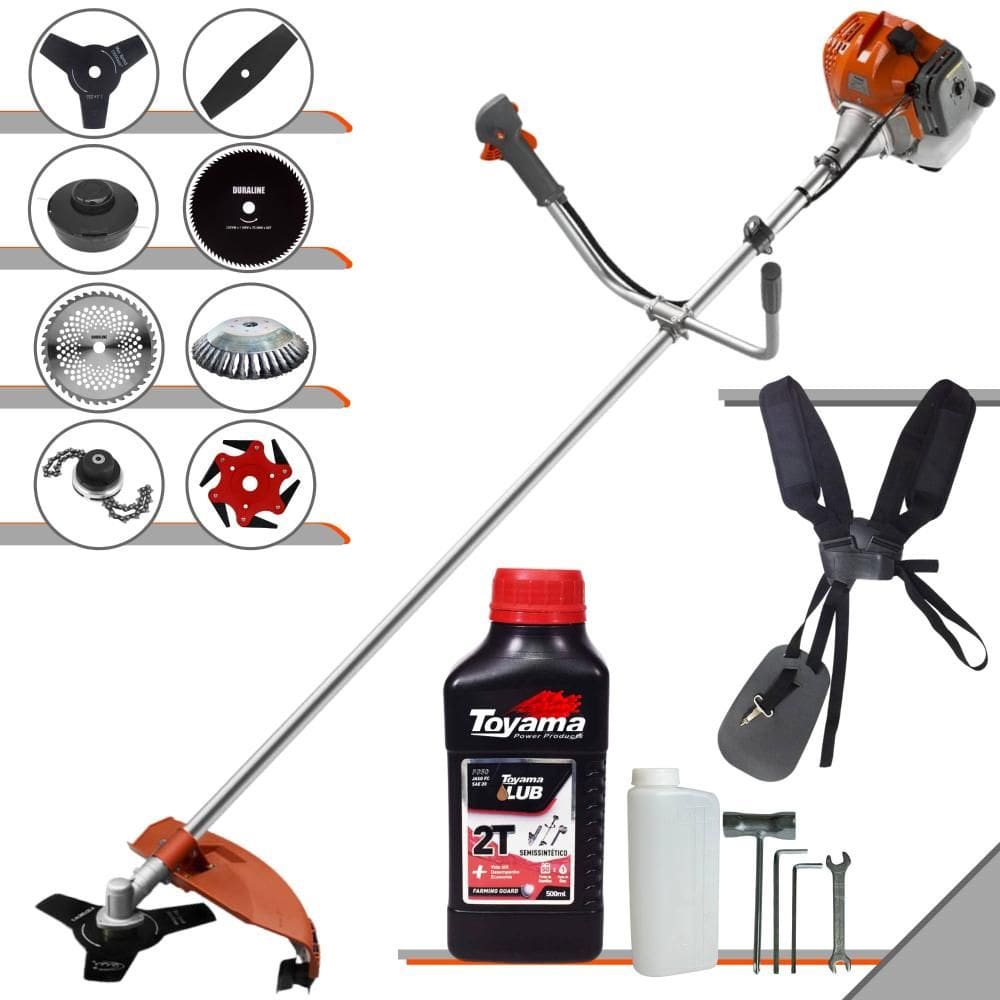 Roçadeira Profissional Tekna RL520ACN-TK À Gasolina 52cc Para Todos os Tipos de Trabalho Com Carretel Nylon + Kit 7 Lâminas de Cortes + ÓLEO TOYAMA 2T