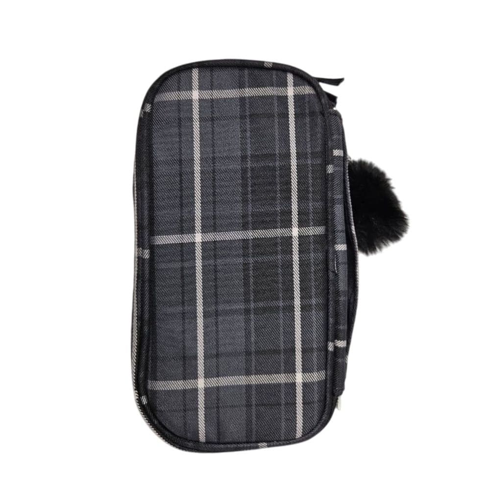 Estojo Box Grande Escolar Xadrez Preto com Pompom Alça Organizador Lápis Material Aula Moderno