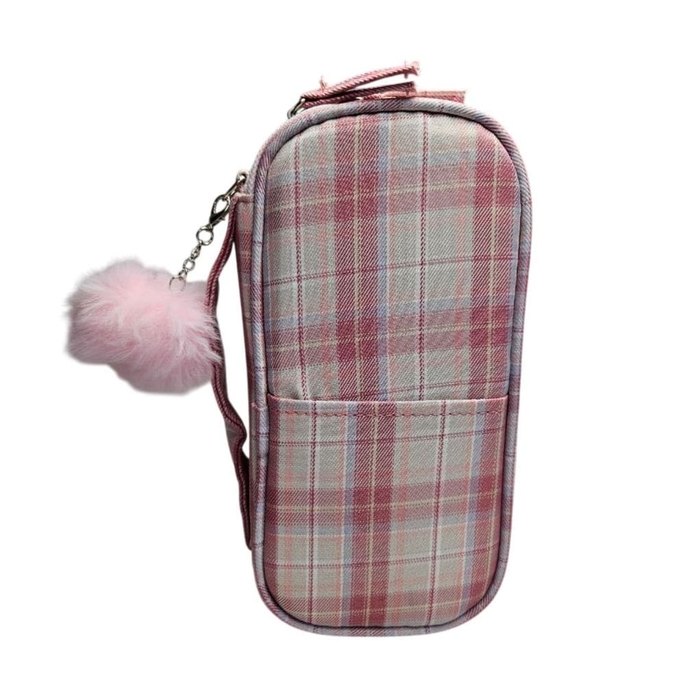 Estojo Box Grande Escolar Xadrez Rosa com Pompom Alça Organizador Lápis Colorido Fofo Materia Caneta