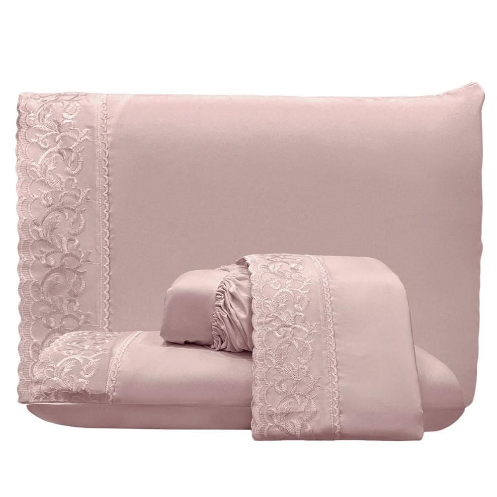 Jogo Cama Lençol Casal Top Line 4 Peças Rosê 100% Poliéster