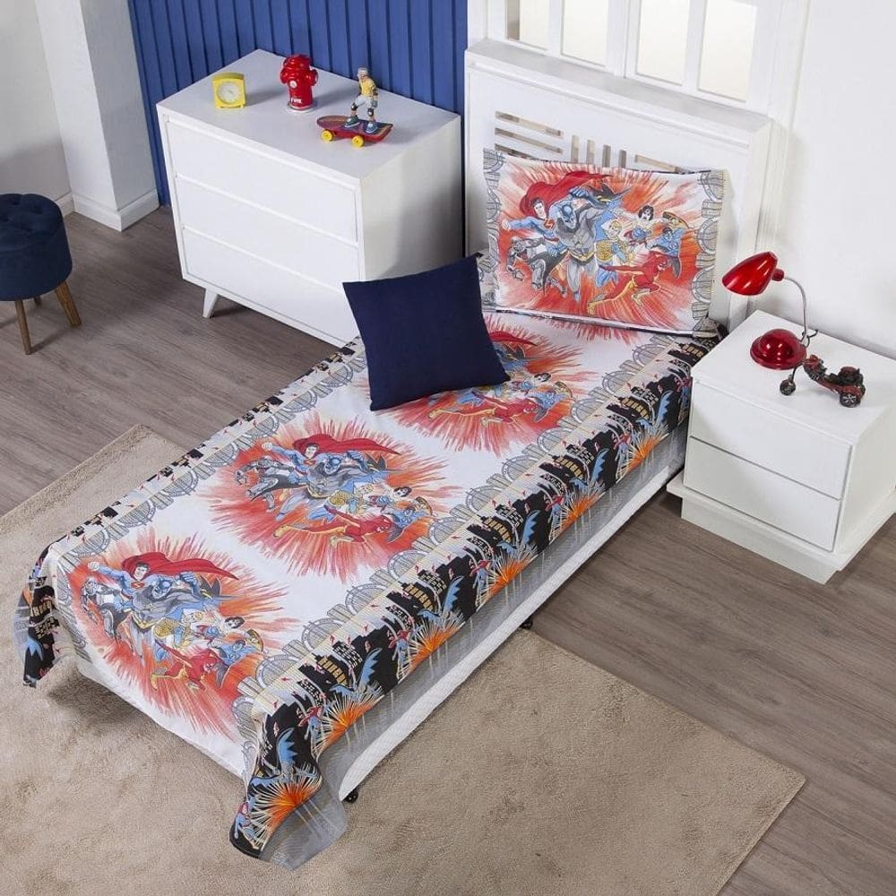 Colcha Cobre Leito Infantil Heróis Solteiro + Capa Almofada