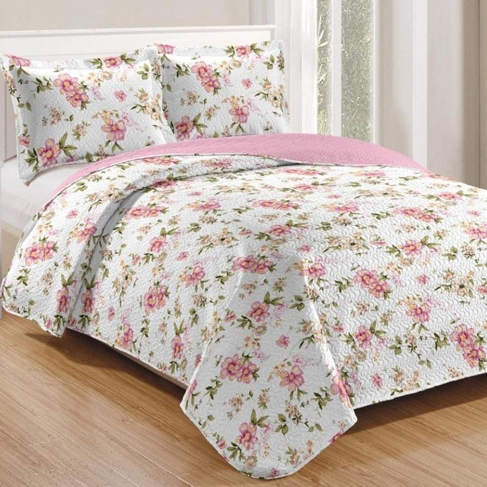 Kit Cobre Leito Colcha Mix King Estampado Dupla Face Floral