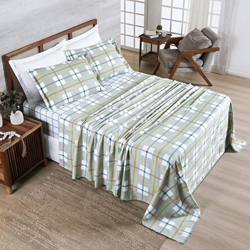 Jogo Lençol Belle Queen 400 Fios Estampado 4Pçs Grid Verde