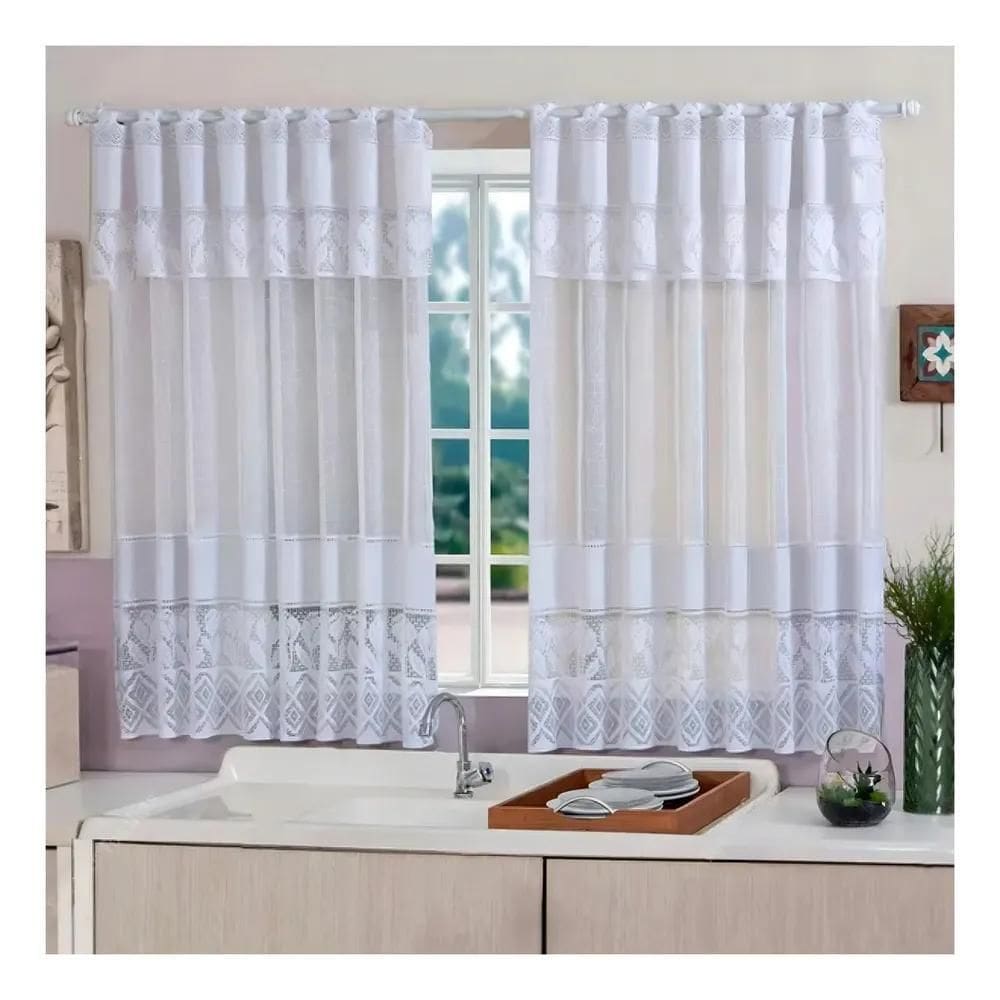 2X Cortina De Cozinha Renda 2,20 X 1,20 Com Bandô Para Janel